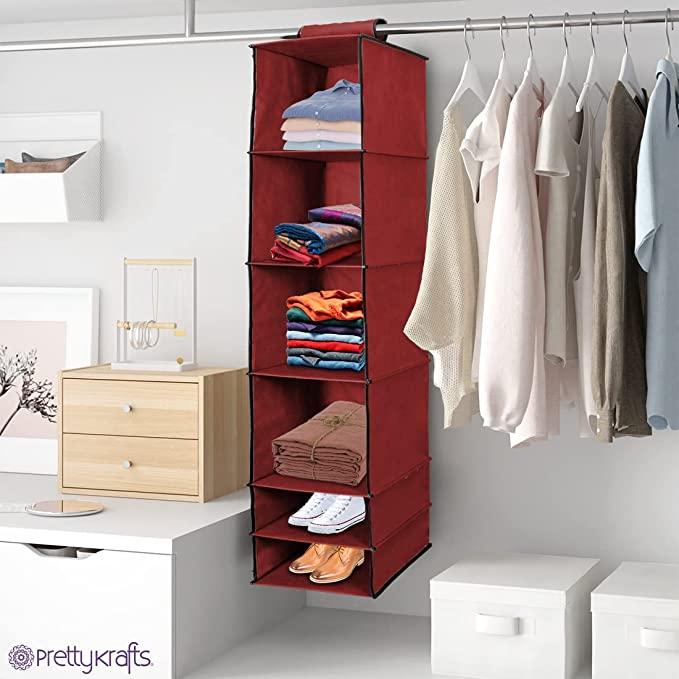 Organizer- 6 Shelves Foldable Hanging Wardrobe Organizers, maroon